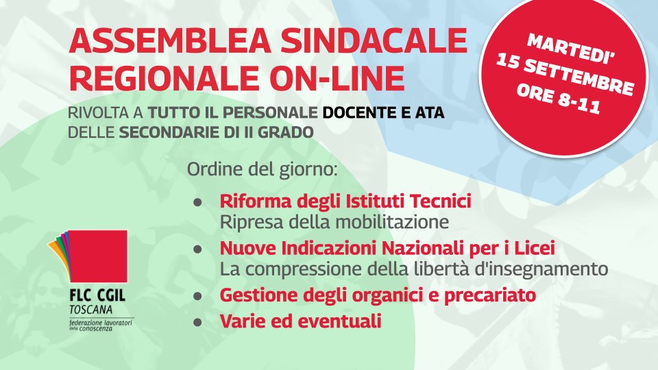 Mart. 15/9 | Assemblea sindacale on-line per tutto il personale della secondaria di II grado della Toscana