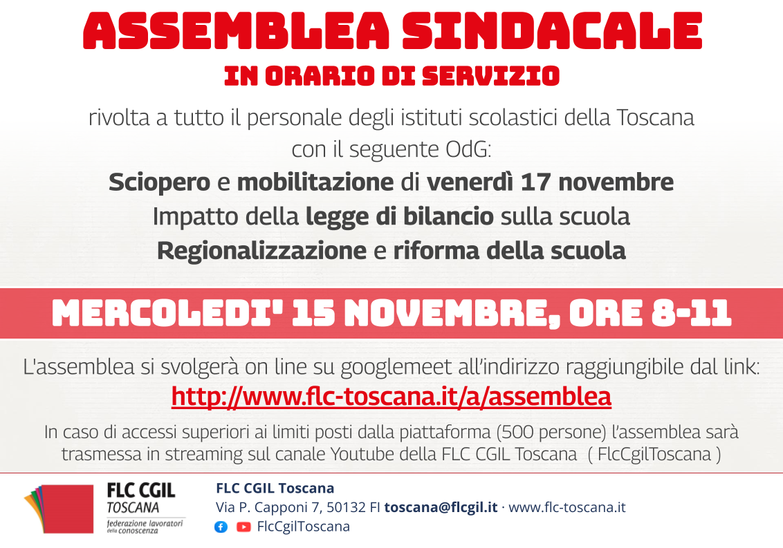 MERC. 15/11 h. 8-11 | Assemblea sindacale del personale scolastico della Toscana