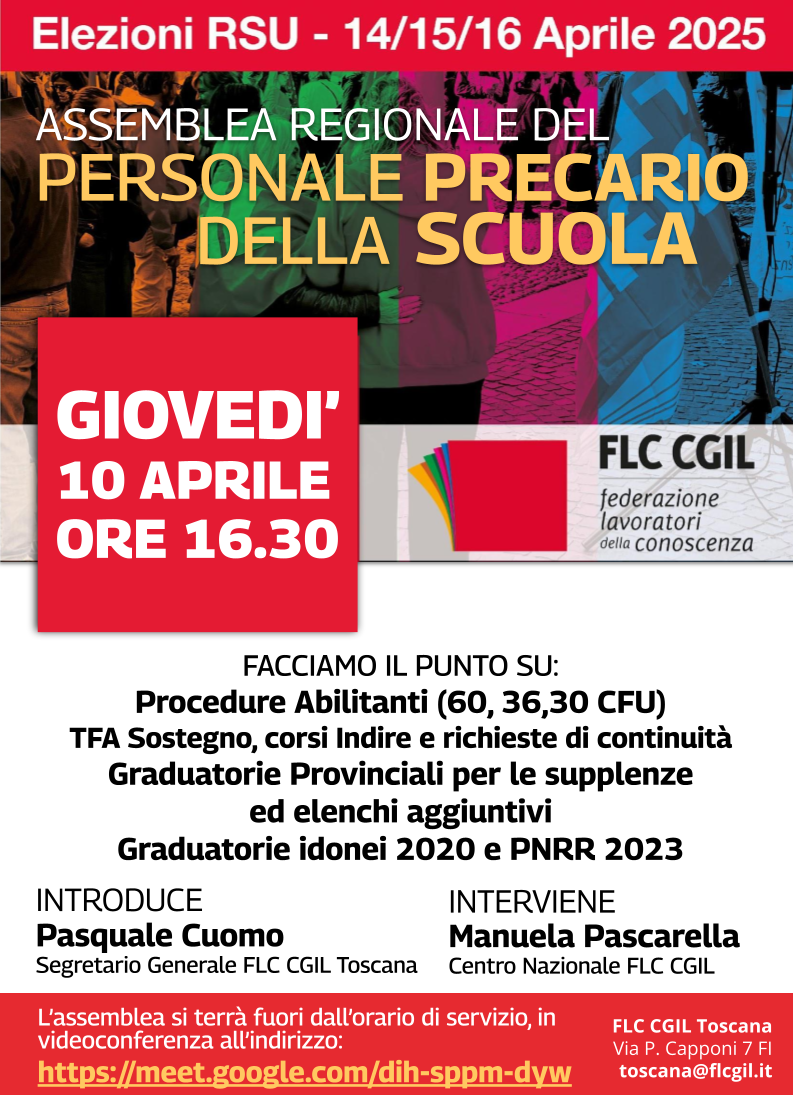 Giov. 10/4 h. 16.30 | Assemblea Regionale del personale precario