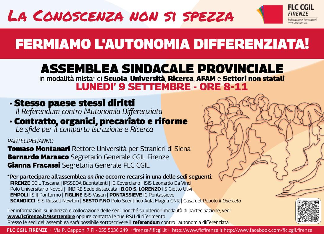 Lun. 9/11 h 8 | FERMIAMO L'AUTONOMIA DIFFERENZIATA | Assemblea Sindacale Provinciale 