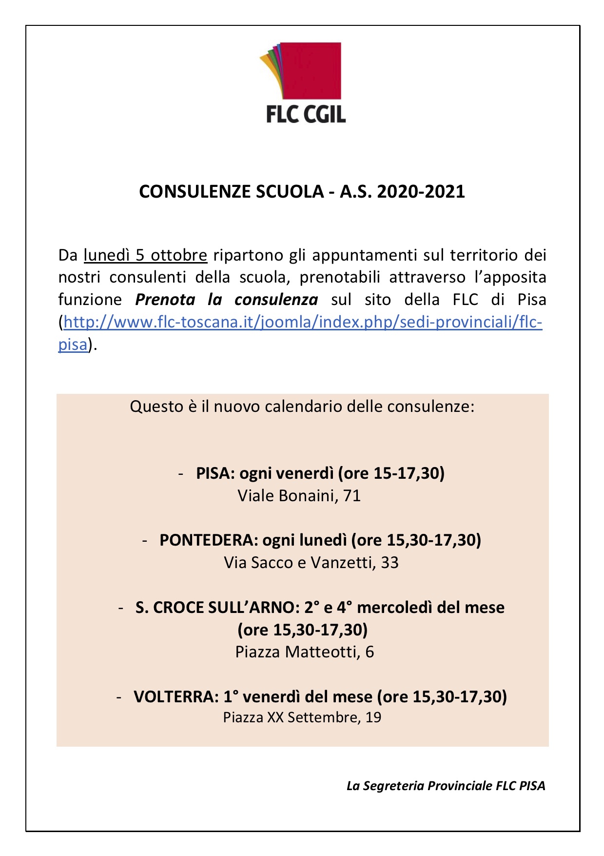 Consulenze scuola FLC Pisa