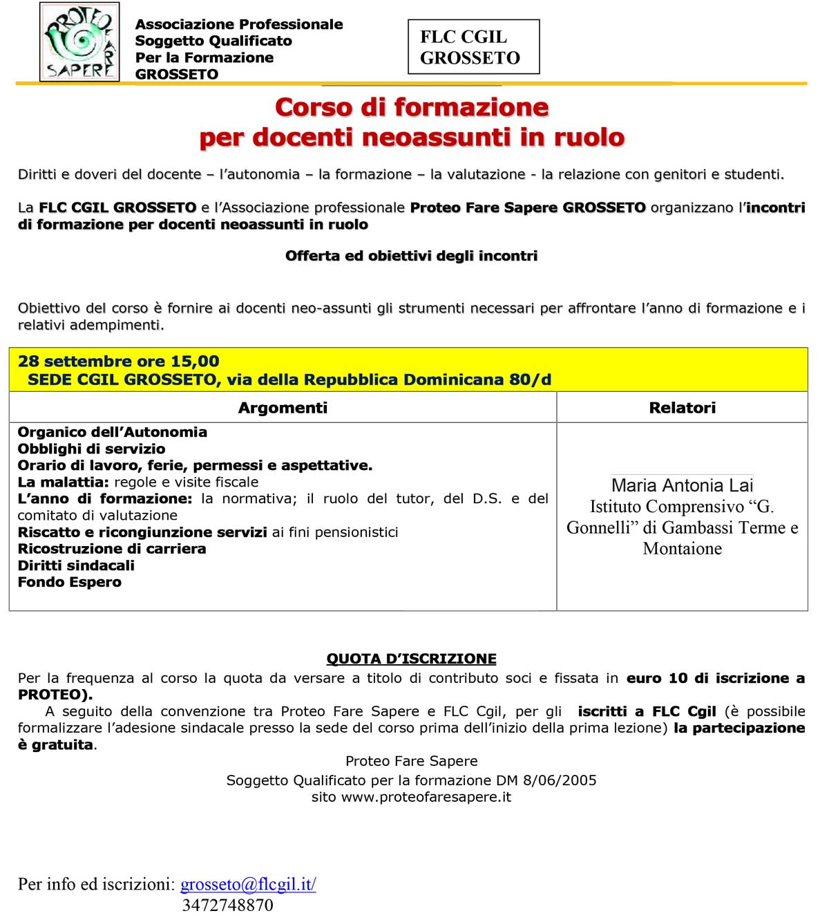 GROSSETO - Corsi di formazione per neoassunti in ruolo (27/9 ATA - 28/9 docenti)